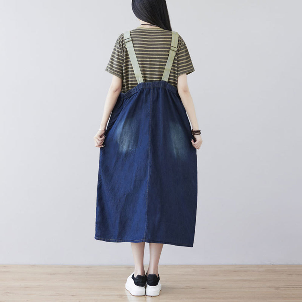 Women Slit Denim Pinafore Dress With Large Pockets