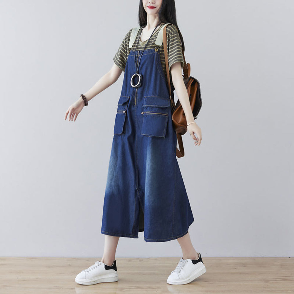 Women Slit Denim Pinafore Dress With Large Pockets