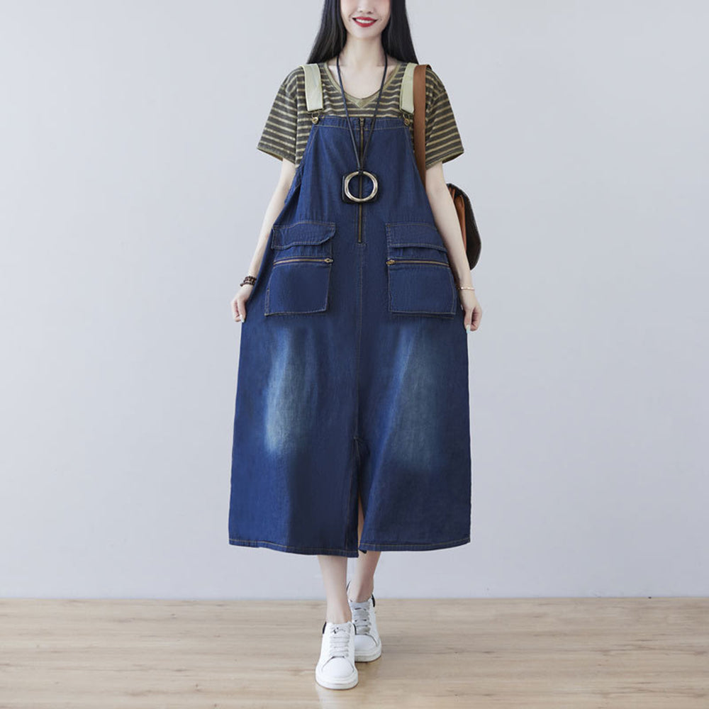 Women Slit Denim Pinafore Dress With Large Pockets | Retrosia, Women Loose Fit Dress Women Slit Denim Pinafore Dress With Large Pockets | Retrosia, Women Loose Fit Dress