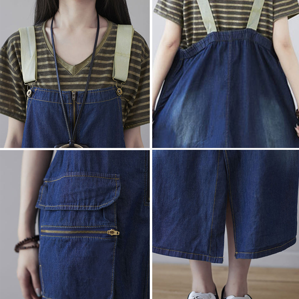Women Slit Denim Pinafore Dress With Large Pockets