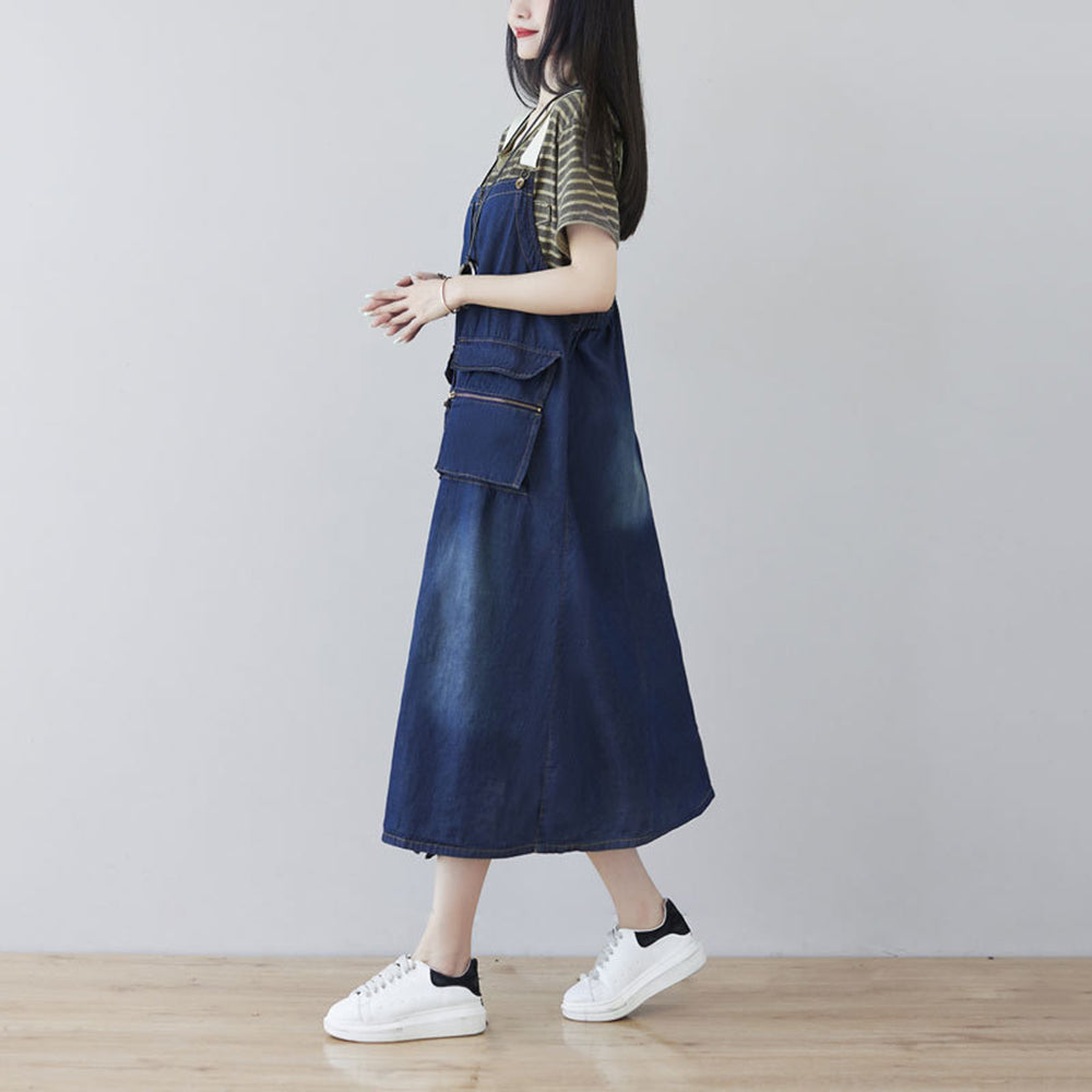Women Slit Denim Pinafore Dress With Large Pockets