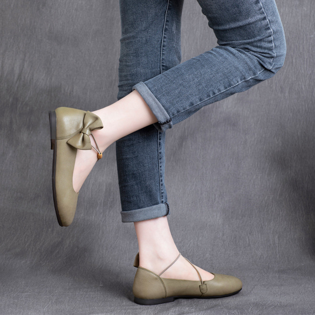 Women Strap Leather Flats With Bowknot - Luckyback