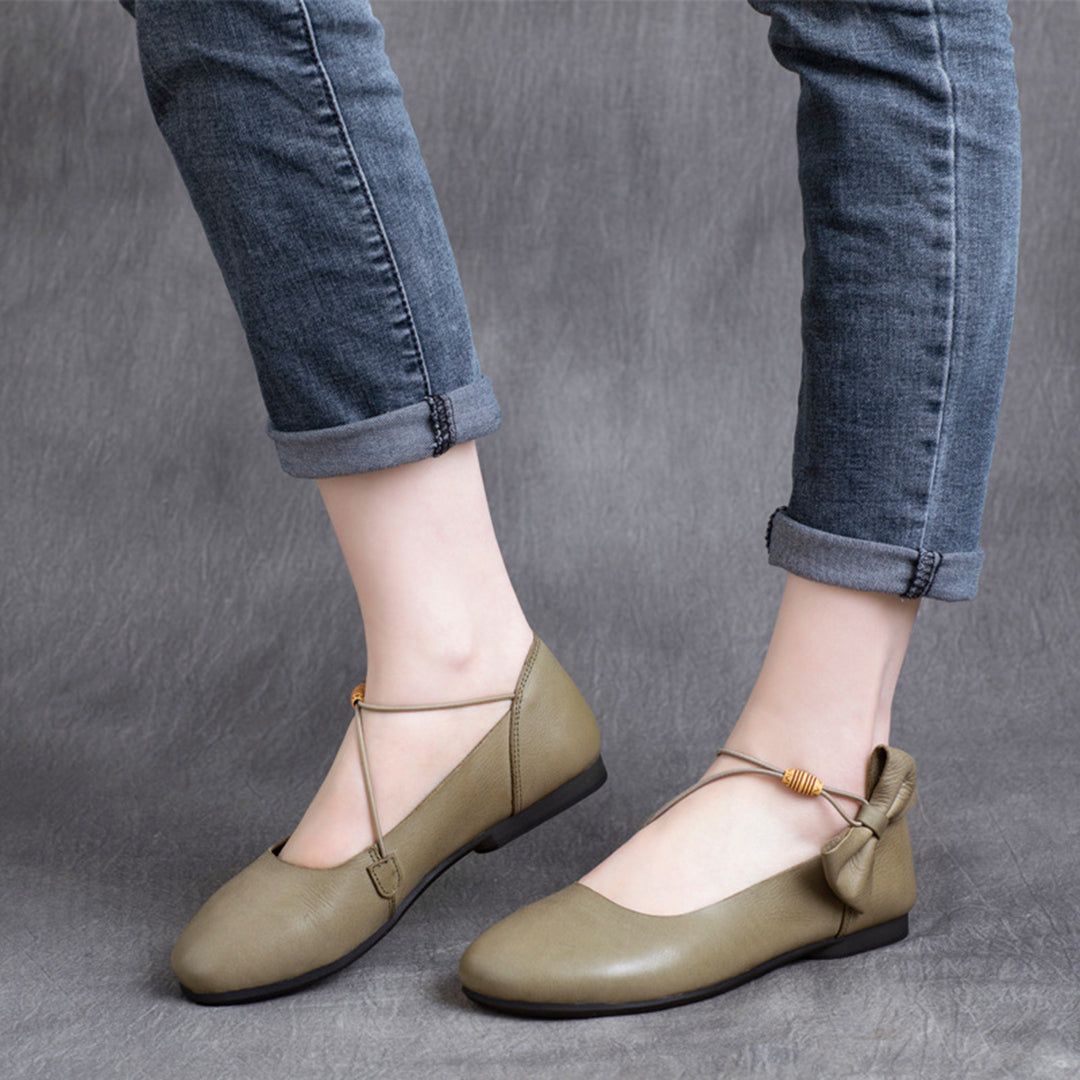Women Strap Leather Flats With Bowknot - Luckyback