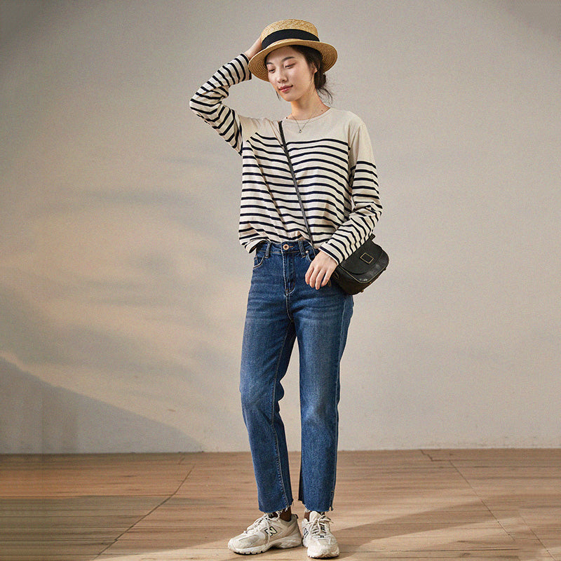 Women Striped Long-sleeve T-shirt new Loose Fit Casual Top - Luckyback