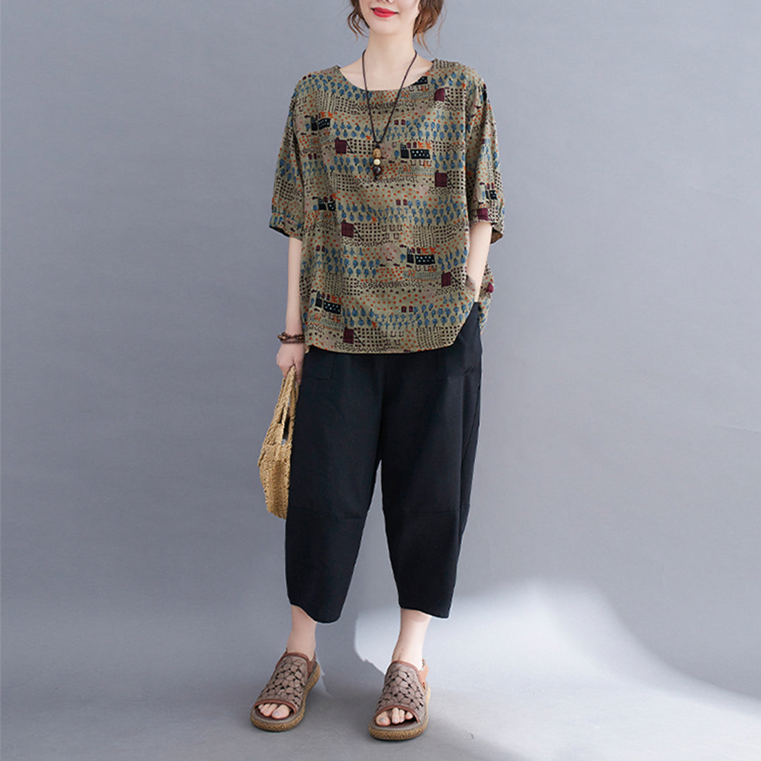 Women Summer Linen Printed Gathered T-shirt