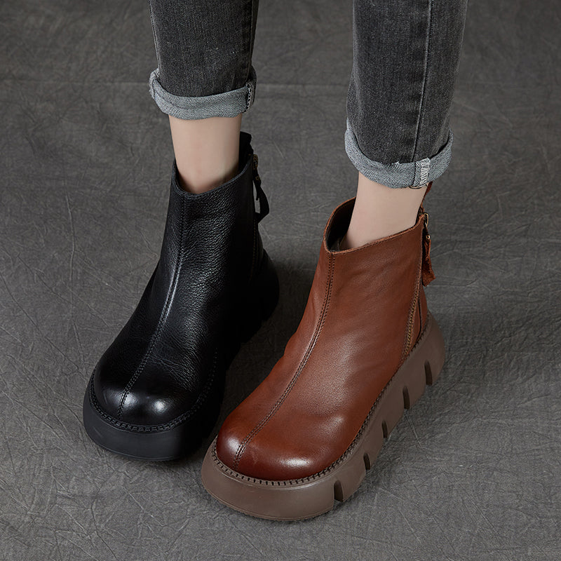 Retro Comfortable Leather Casual Chunky Heels Platform Boots