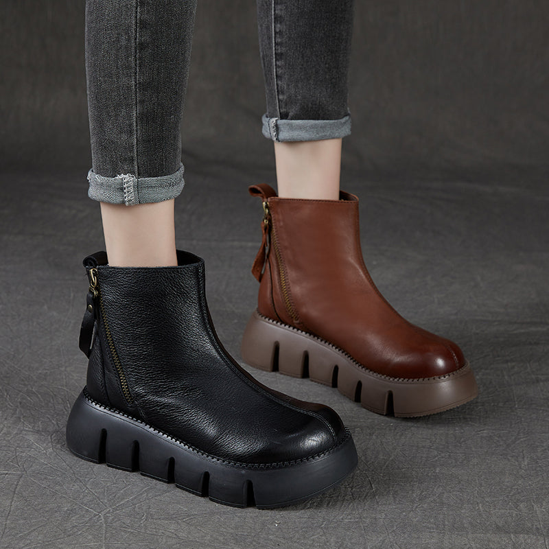 Retro Comfortable Leather Casual Chunky Heels Platform Boots