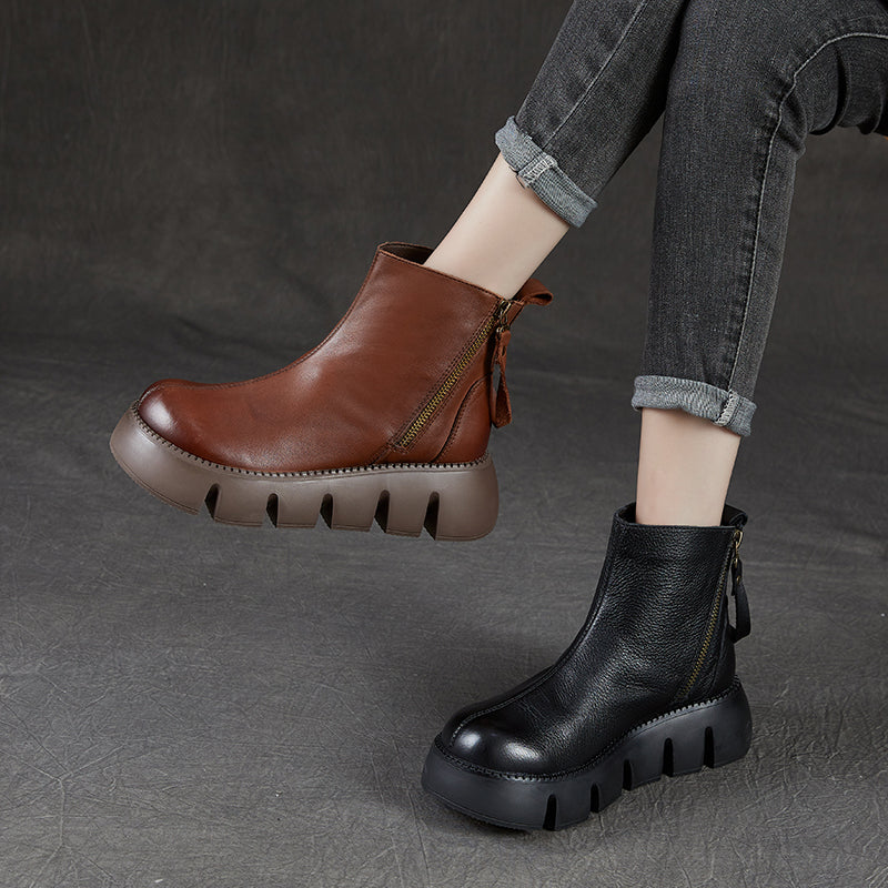 Retro Comfortable Leather Casual Chunky Heels Platform Boots