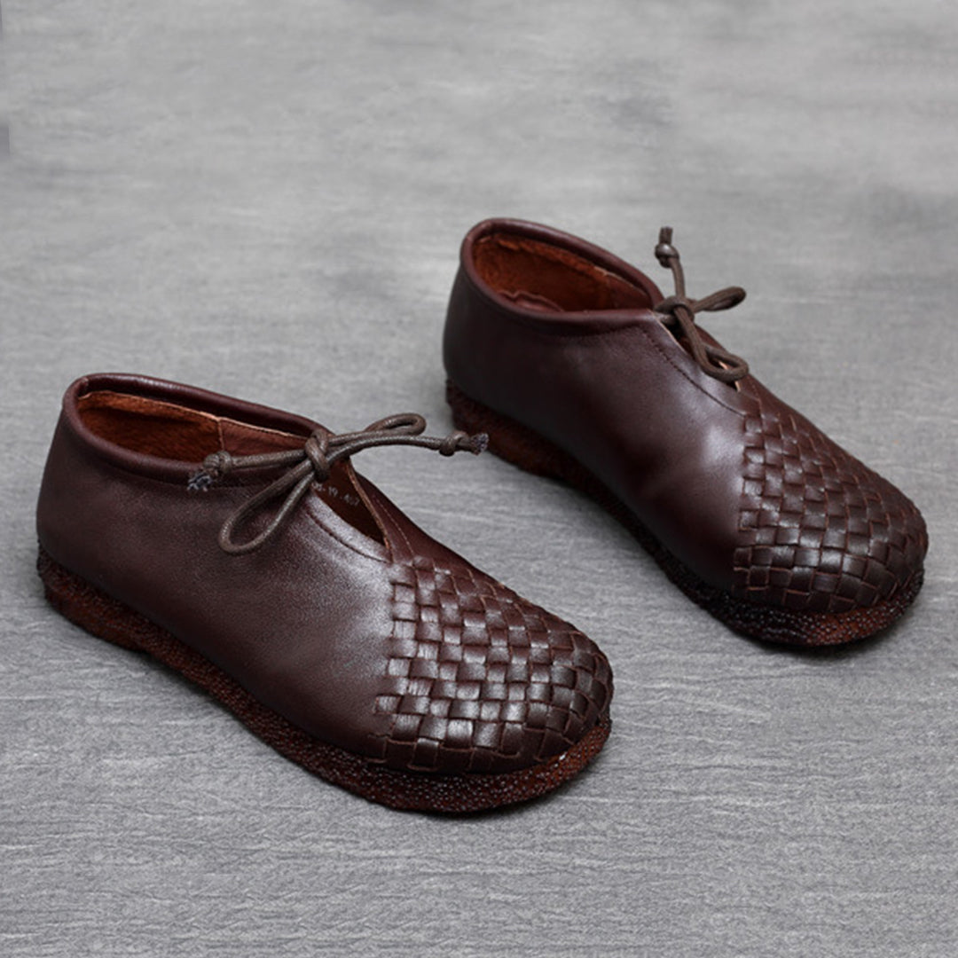 Woven Lace-up Leather Flats - Luckyback