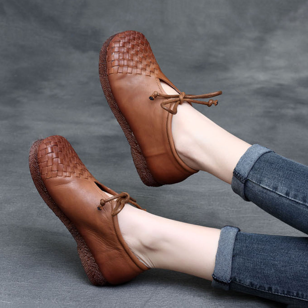 Woven Lace-up Leather Flats - Luckyback