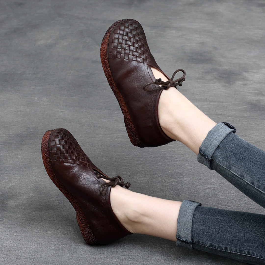 Woven Lace-up Leather Flats - Luckyback