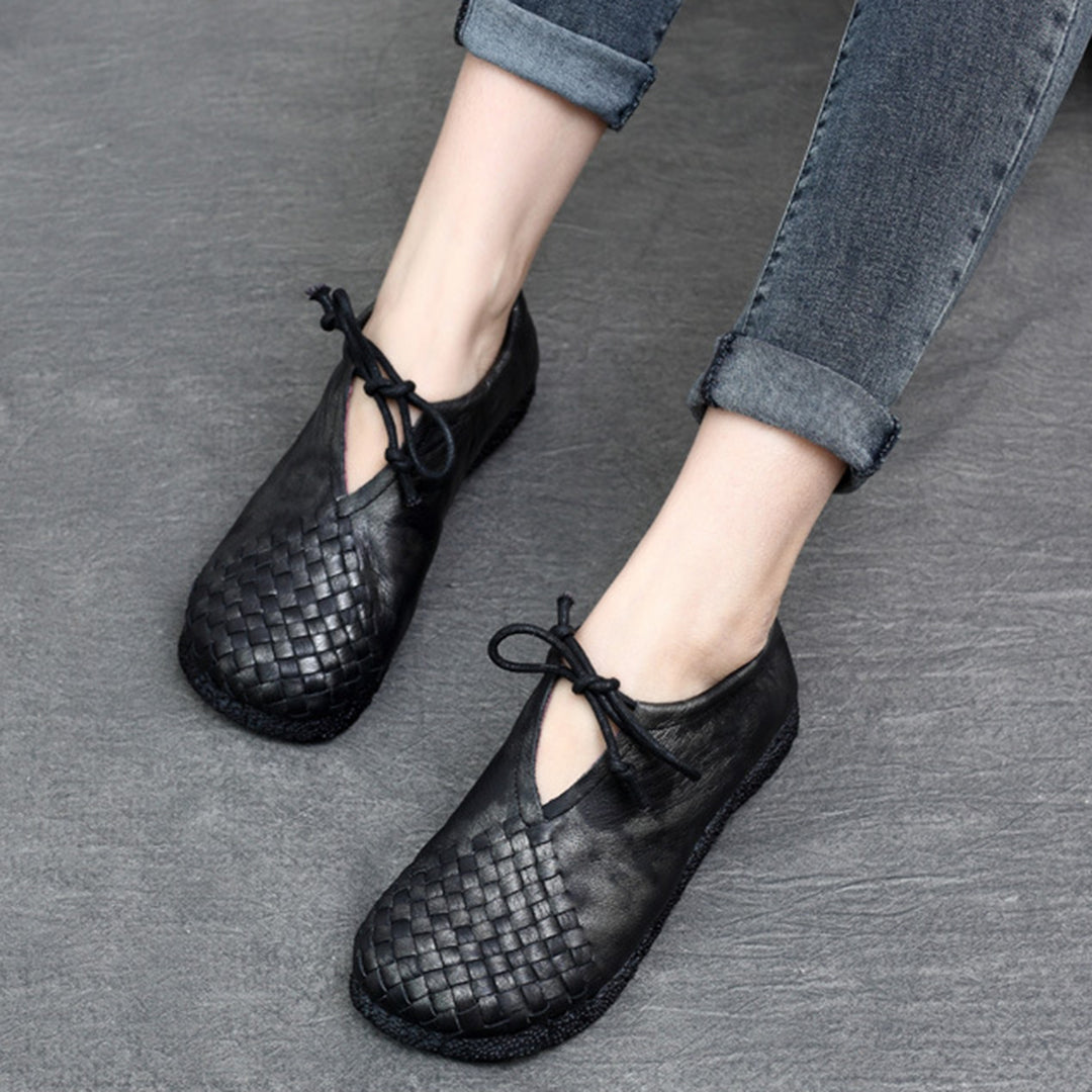 Woven Lace-up Leather Flats - Luckyback