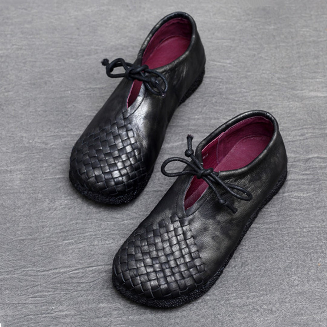 Woven Lace-up Leather Flats - Luckyback