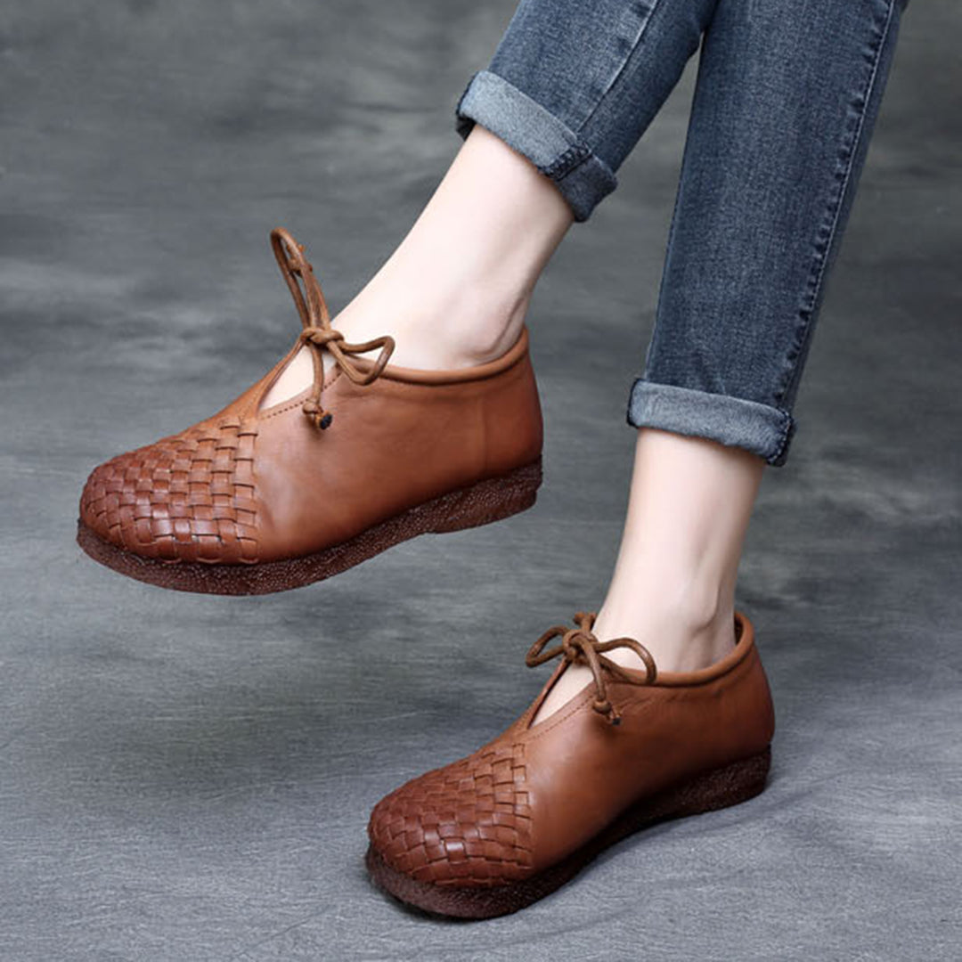 Woven Lace-up Leather Flats - Luckyback