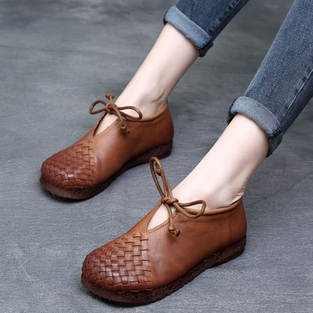 Woven Lace-up Leather Flats - Luckyback