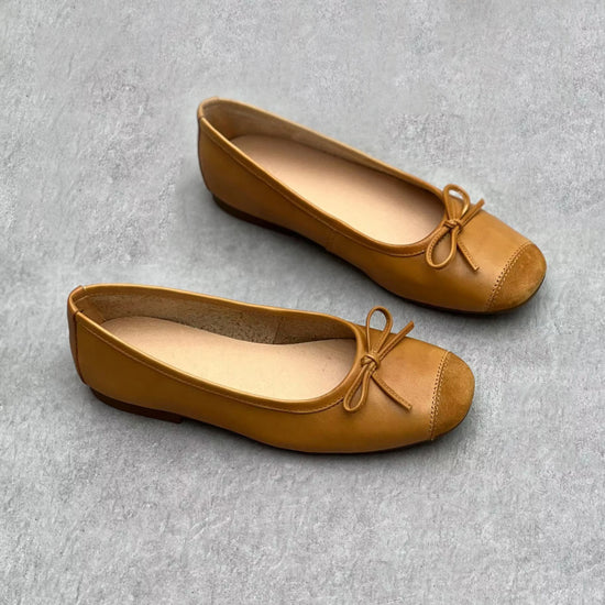 Leather Squared Toe Ballets with Vintage and Bow Knot Design