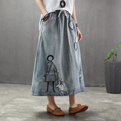 Cartoon Embroidered Denim A-line Skirt