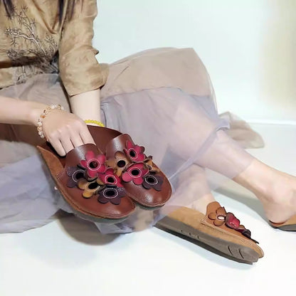 Chic Comfy Flats Leather Slippers With Flower Accents