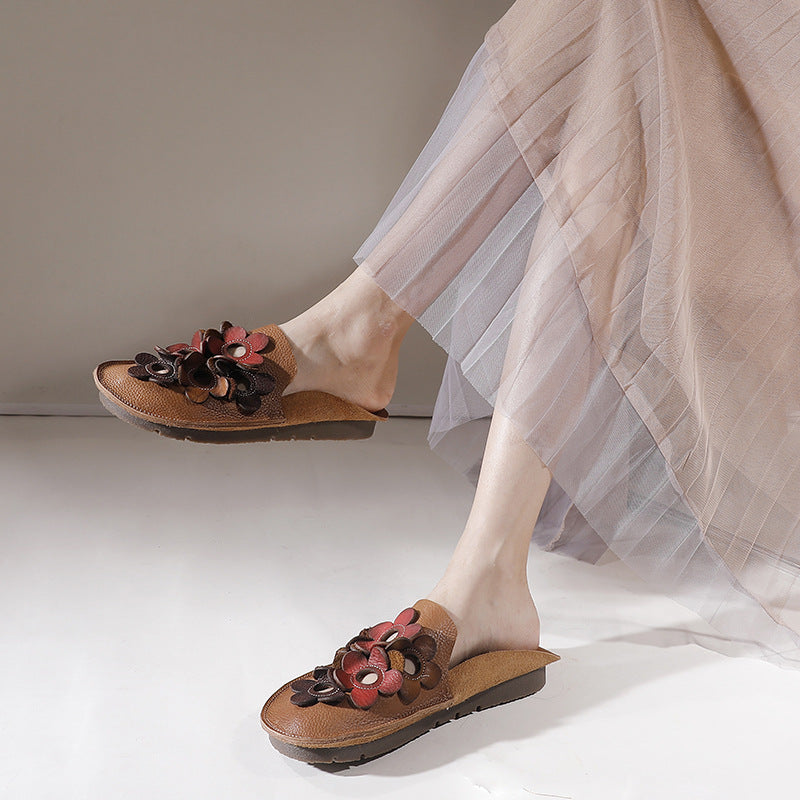 Chic Comfy Flats Leather Slippers With Flower Accents