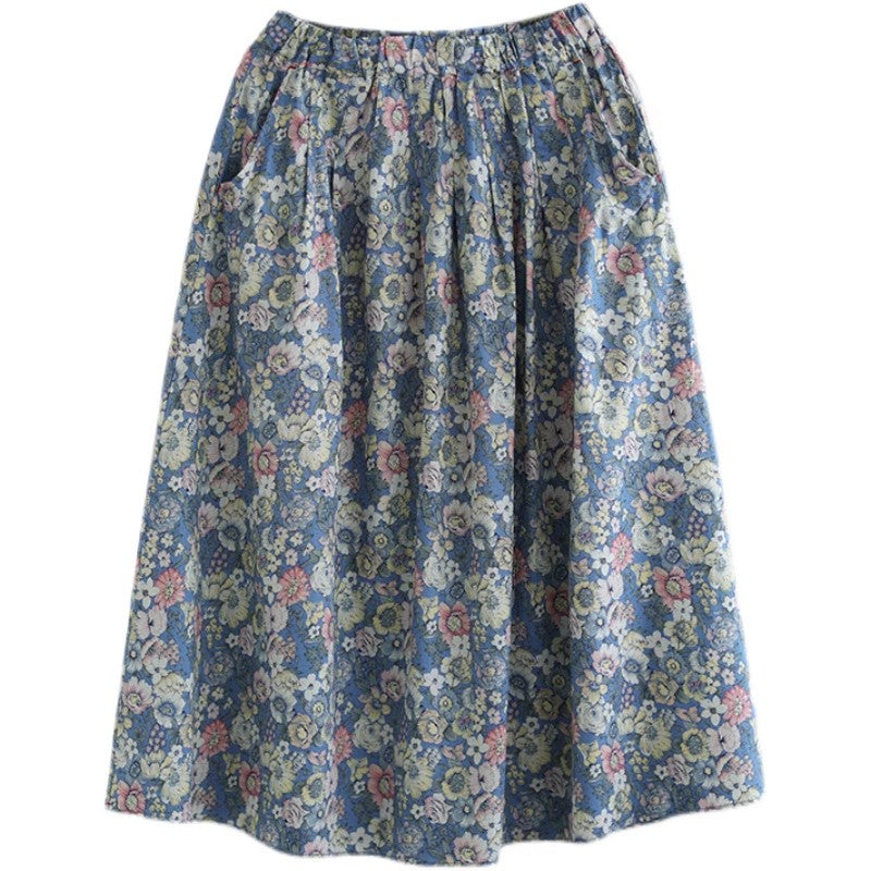 Women's Vintage Floral Linen Elastic waistband Pocket Skirt