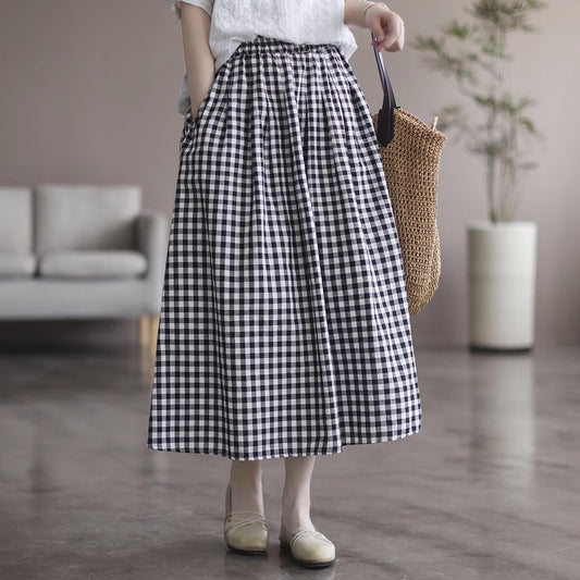 Cotton Linen High Waist Plaid A-line Skirt for Women