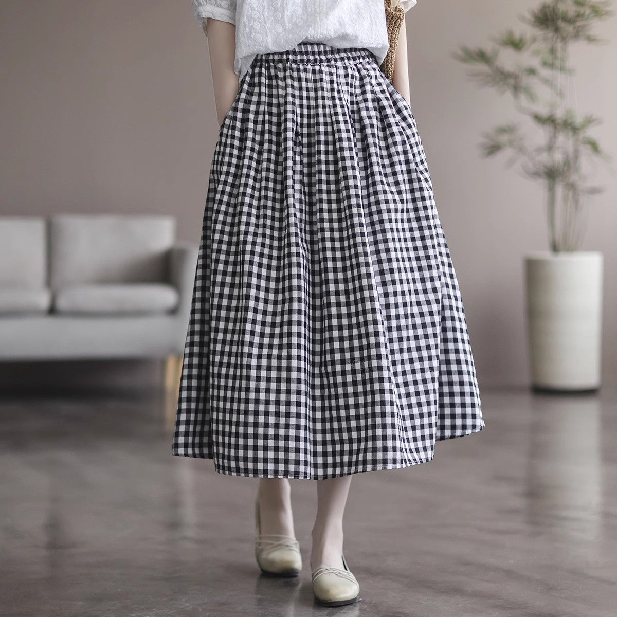 Cotton Linen High Waist Plaid A-line Skirt for Women