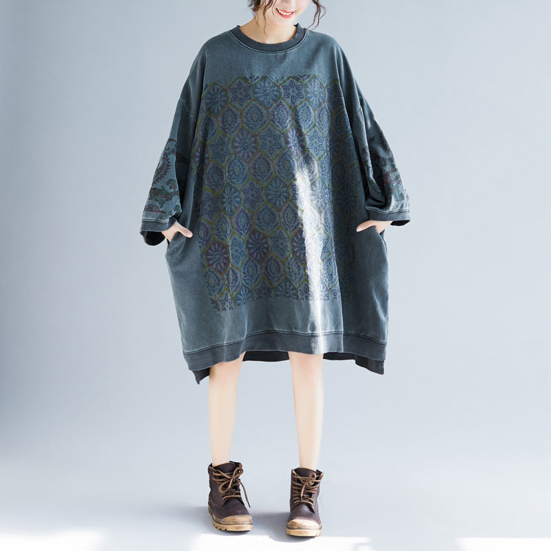 Crew Neck Ethnic Style High-Low Loose Fit Dress