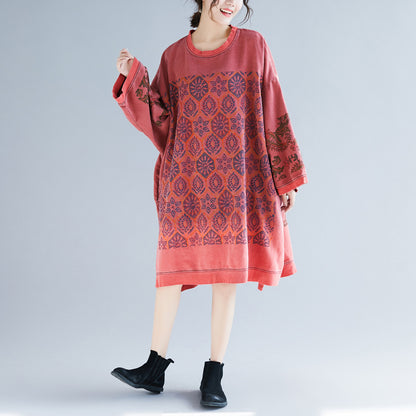 Crew Neck Ethnic Style High-Low Loose Fit Dress