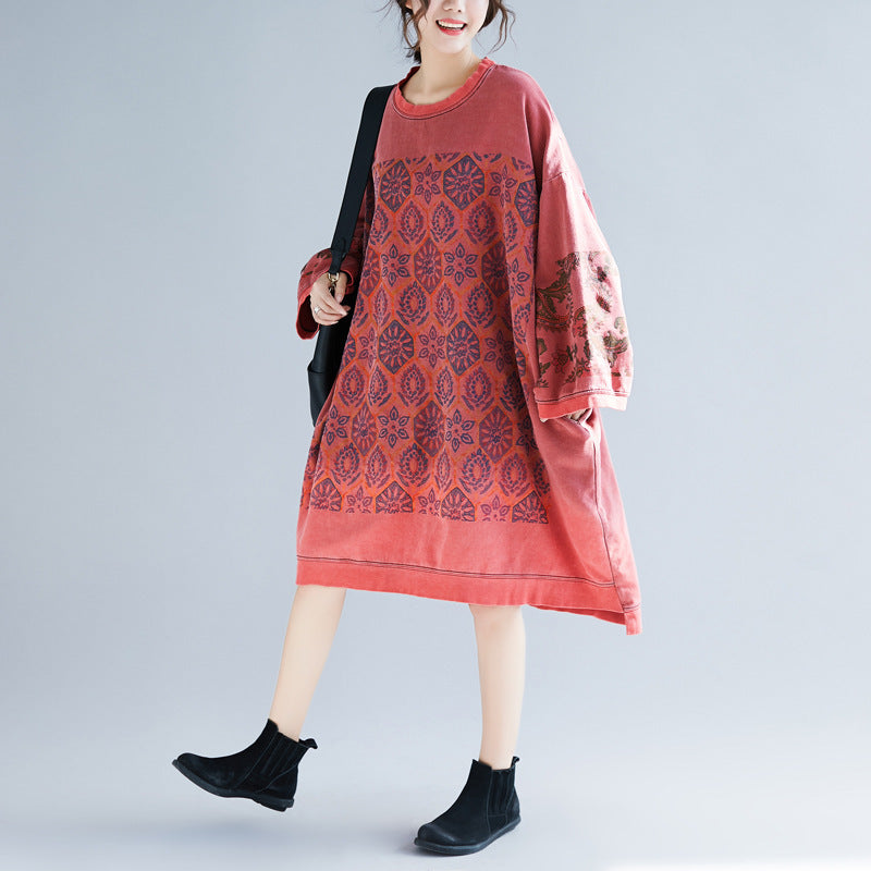 Crew Neck Ethnic Style High-Low Loose Fit Dress