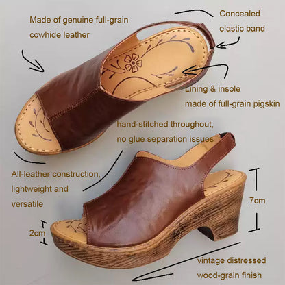 Distressed Wood-grain Chunky Heel Open-toe hand-stitched Sandals