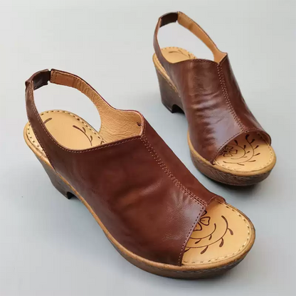 Distressed Wood-grain Chunky Heel Open-toe hand-stitched Sandals