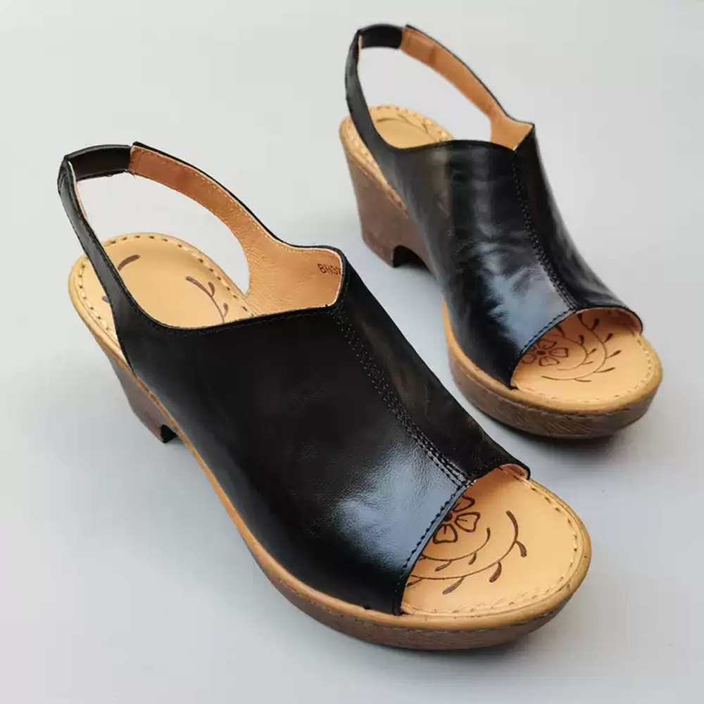 Distressed Wood-grain Chunky Heel Open-toe hand-stitched Sandals