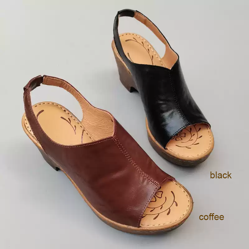 Distressed Wood-grain Chunky Heel Open-toe hand-stitched Sandals