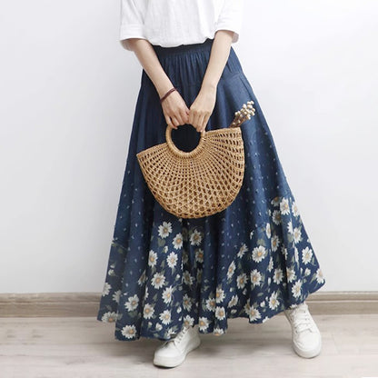 Floral Printed High-Rise Frayed Denim Skirt