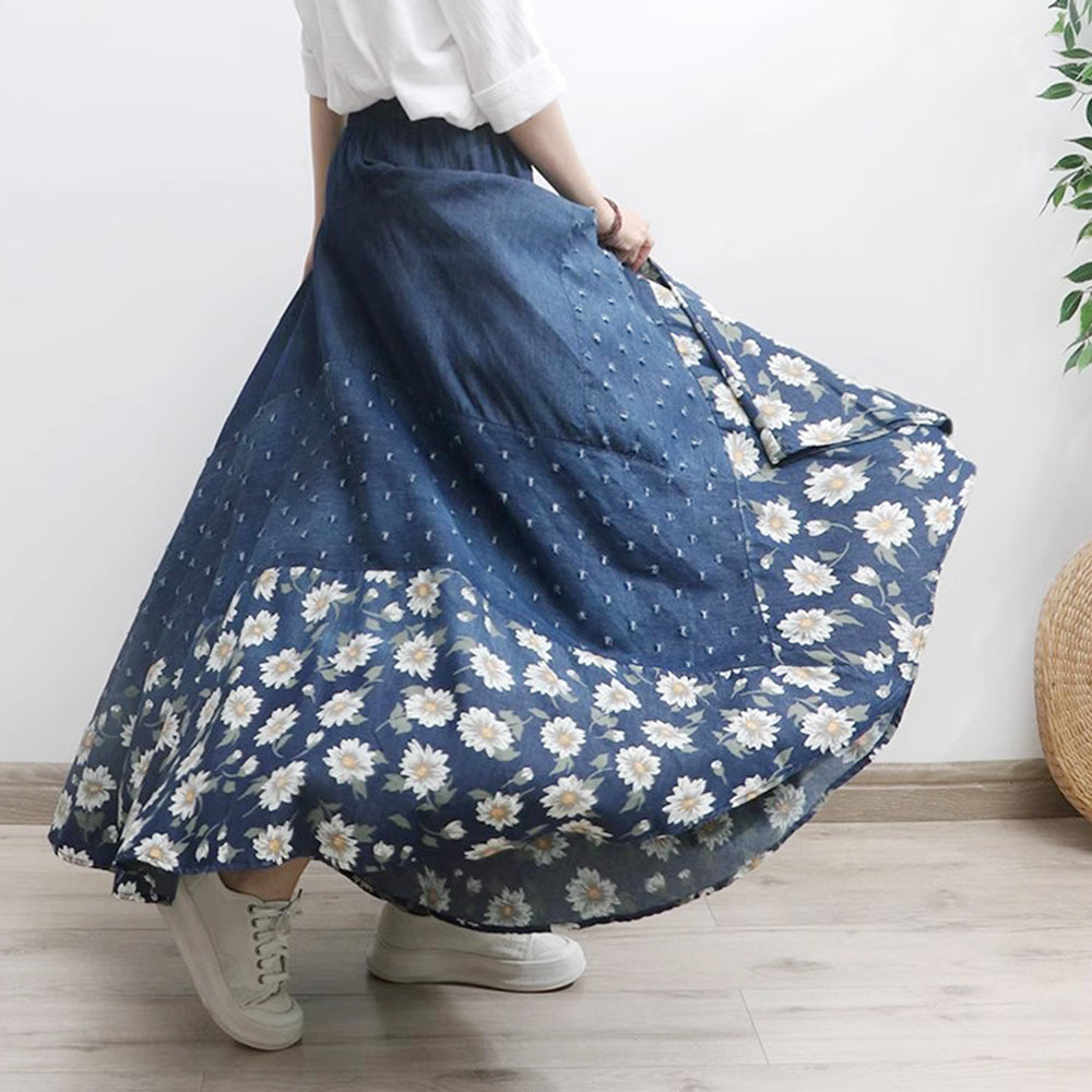 Floral Printed High-Rise Frayed Denim Skirt