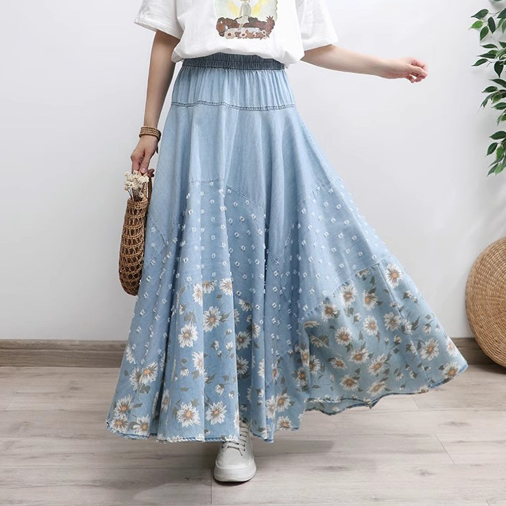 Floral Printed Light Blue High-Rise Denim Skirt