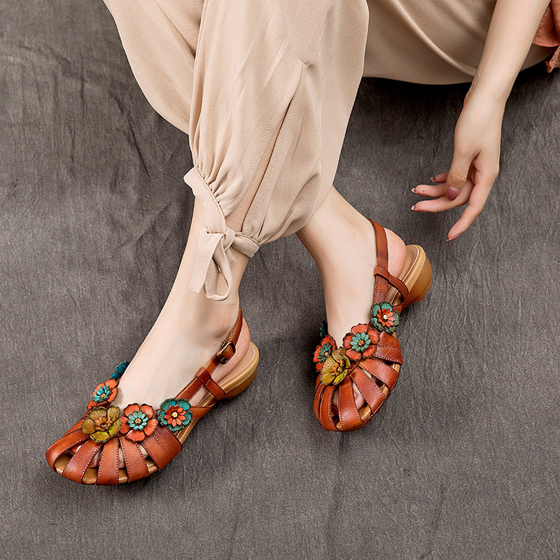 Flower Accents Ethnic Style Versatile Leather Sandals