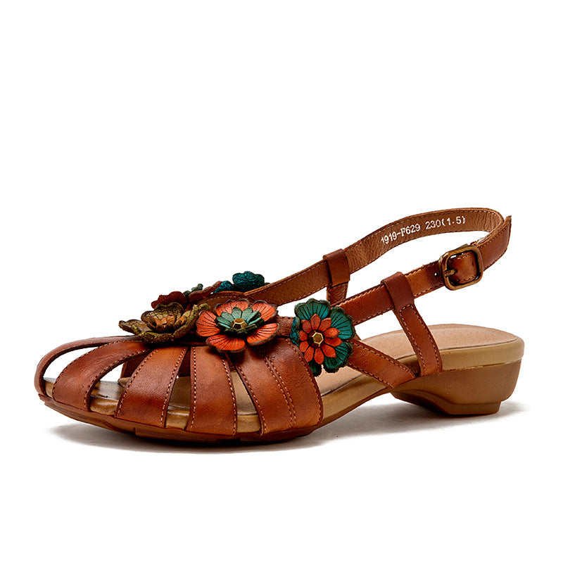Flower Accents Ethnic Style Versatile Leather Sandals