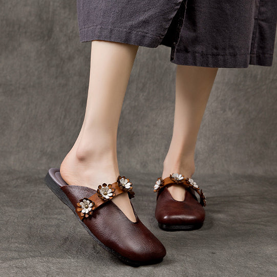 Genuine Leather Flower Accents Casual Slippers