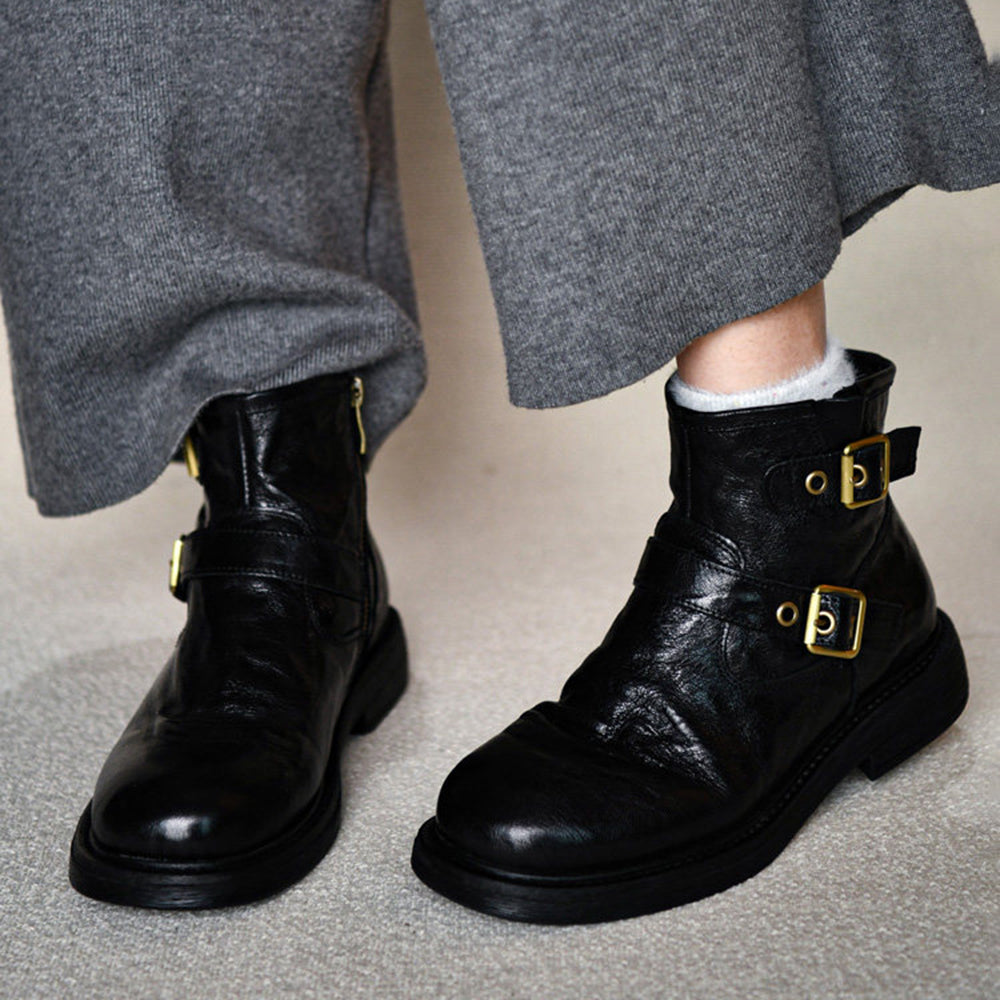 Genuine Leather Sculpted Wide-toe Boots With Brass Buckle Accents
