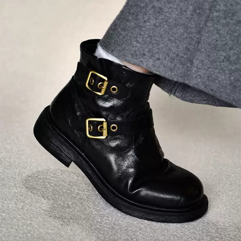 Genuine Leather Sculpted Wide-toe Boots With Brass Buckle Accents
