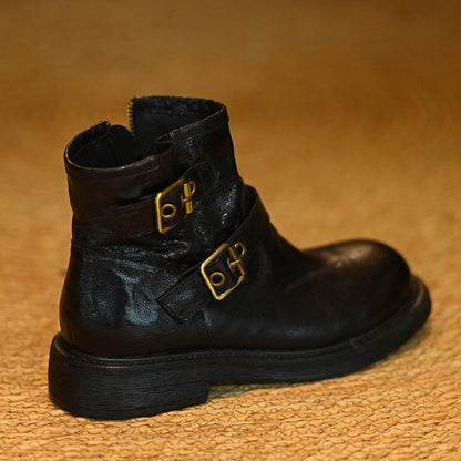 Genuine Leather Sculpted Wide-toe Boots With Brass Buckle Accents