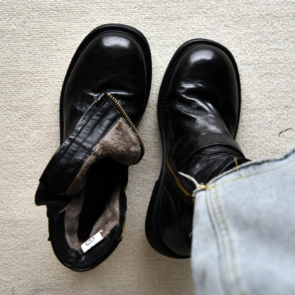 Genuine Leather Sculpted Wide-toe Boots With Brass Buckle Accents