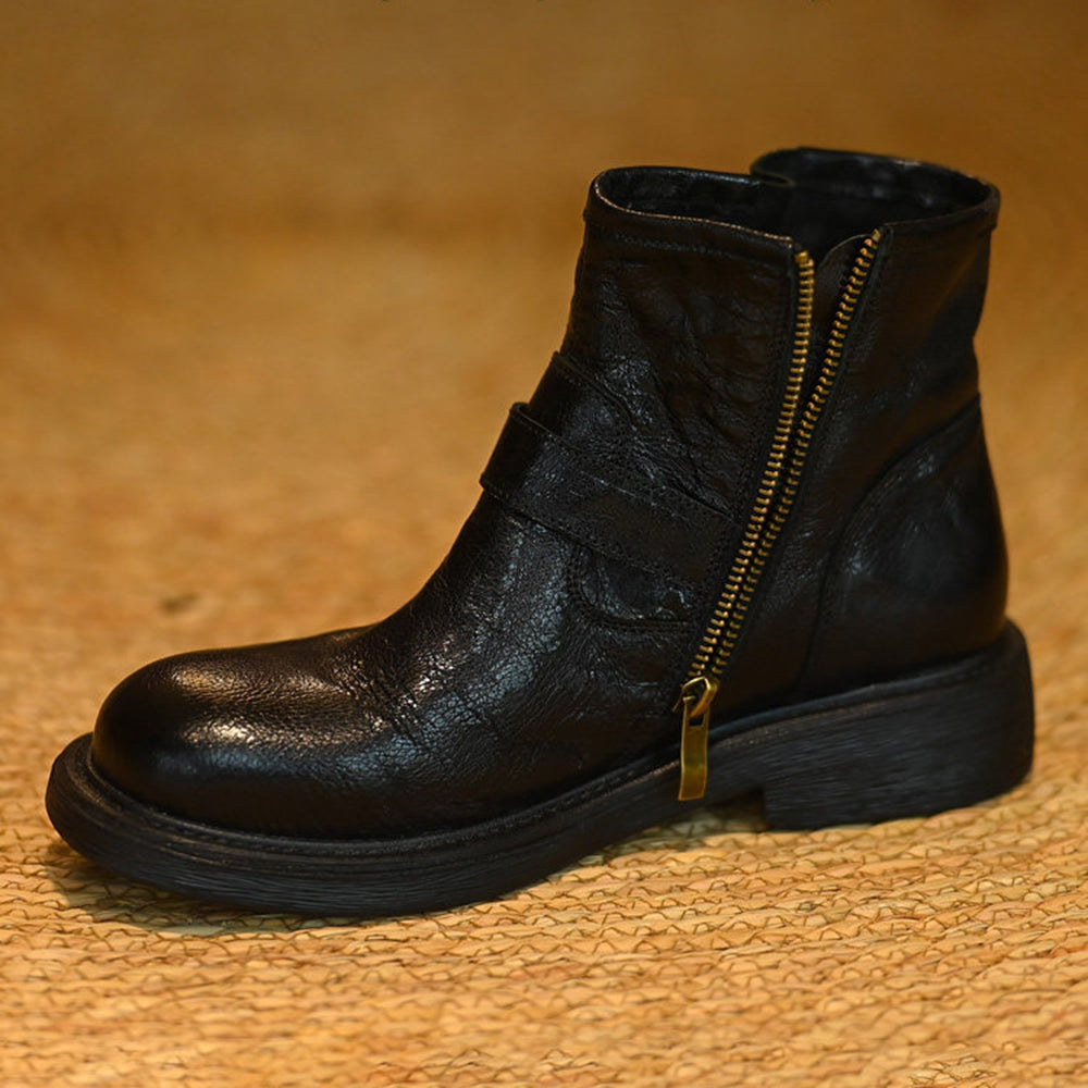 Genuine Leather Sculpted Wide-toe Boots With Brass Buckle Accents
