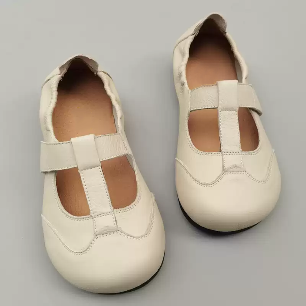Genuine Leather Shoes Wide Fit T-Strap Design Low-Cut Flats
