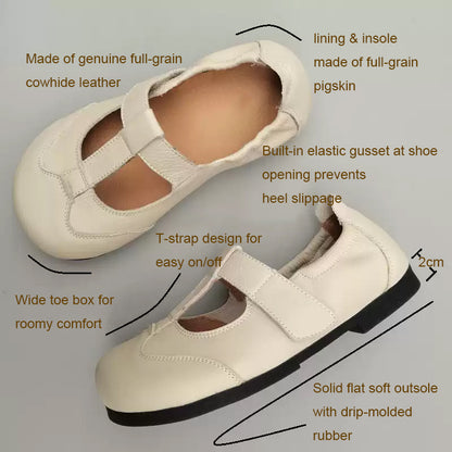 Genuine Leather Shoes Wide Fit T-Strap Design Low-Cut Flats