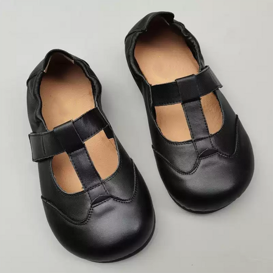 Genuine Leather Shoes Wide Fit T-Strap Design Low-Cut Flats