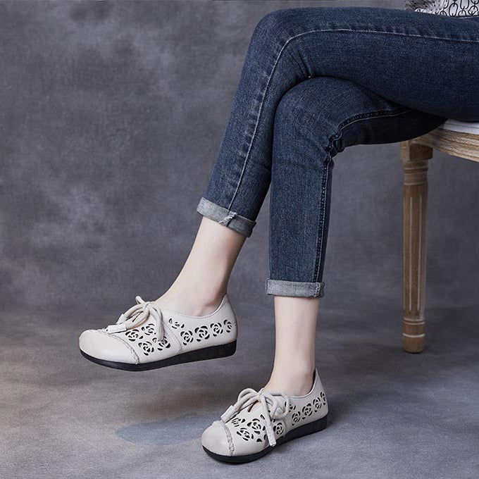 Handmade Stitched Hollow-out Lace-Up Flat Shoes
