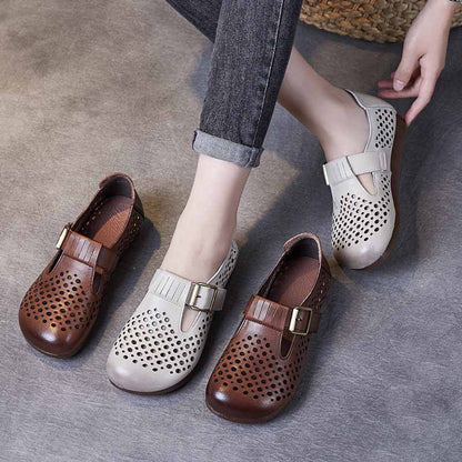 Hollow-out Women Leather Flat Shoes With Buckle Accents