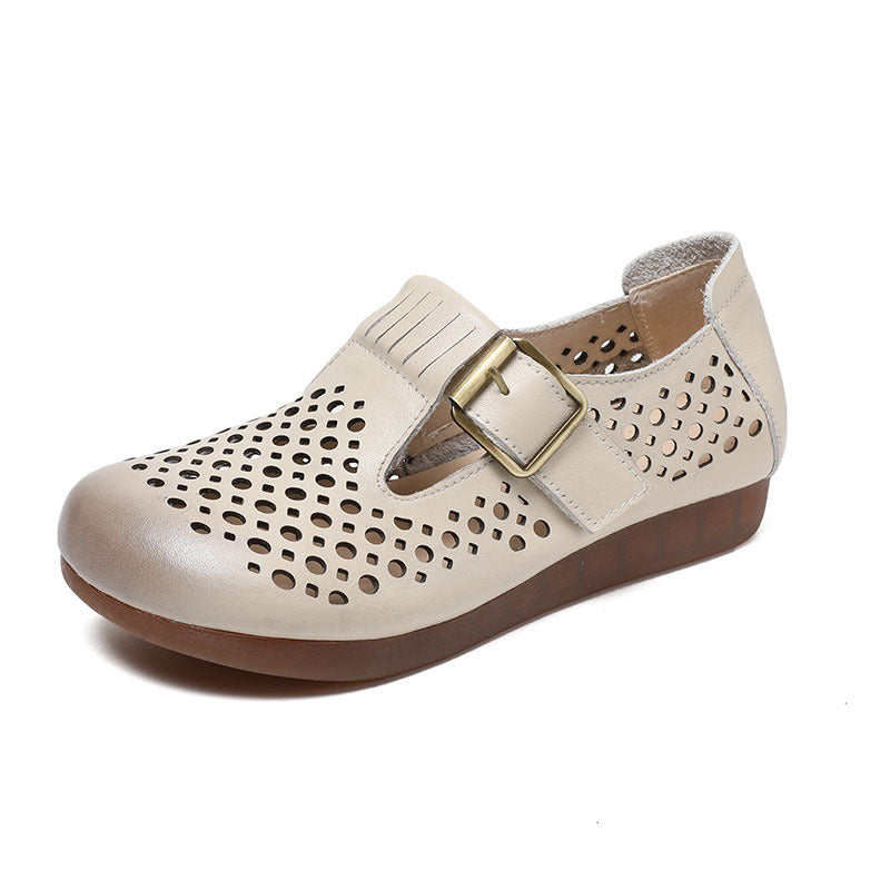 Hollow-out Women Leather Flat Shoes With Buckle Accents